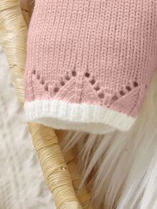 SHEIN 女嬰灰粉色針織連身衣套裝含帽子，柔軟舒適，刺繡領口，長袖，時尚可愛新生兒套裝，適合派對、生日、秋季 - 淺粉色 - 查看 5