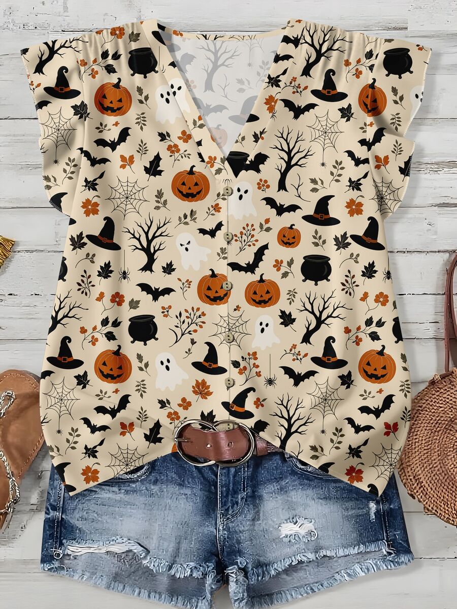 Mellowie Halloween Pumpkin & Bat Print Plus Size Casual V-Neck Ruffle Blouse, Suitable For Summer And Party Fall - Multicolor - View 1