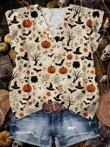 Mellowie Halloween Pumpkin & Bat Print Plus Size Casual V-Neck Ruffle Blouse, Suitable For Summer And Party Fall - Multicolor - View 6