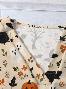 Mellowie Halloween Pumpkin & Bat Print Plus Size Casual V-Neck Ruffle Blouse, Suitable For Summer And Party Fall - Multicolor - View 5