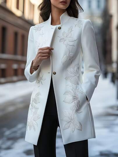 EMERY ROSE Women's White Stand Collar Floral Print Jacket, Elegant And Sophisticated, Birthday Gift, Date, Party, Valentine's Day, Formal Occasion, Back To School Party, Teacher's Day