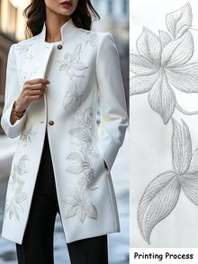 SHEIN LUNE 女款白色立領花卉印花夾克，優雅成熟，生日禮物、約會、派對、情人節、正式場合、返校派對、教師節 - 白色 - 查看 3