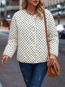 EMERY ROSE Women's Polka Dot Fabric Design Round Neck Loose Long Sleeve High-End Elegant Professional Outfit High-Aura Street Photography Atmosphere Outfit Christmas Teacher's Day Easter Autumn/Winter Season Clothing Autumn/Winter Cotton Jacket New Essential Fashion Item Niche Design Versatile Women's Casual Style Loose Long Sleeve Cotton Jacket - Black and White - View 4