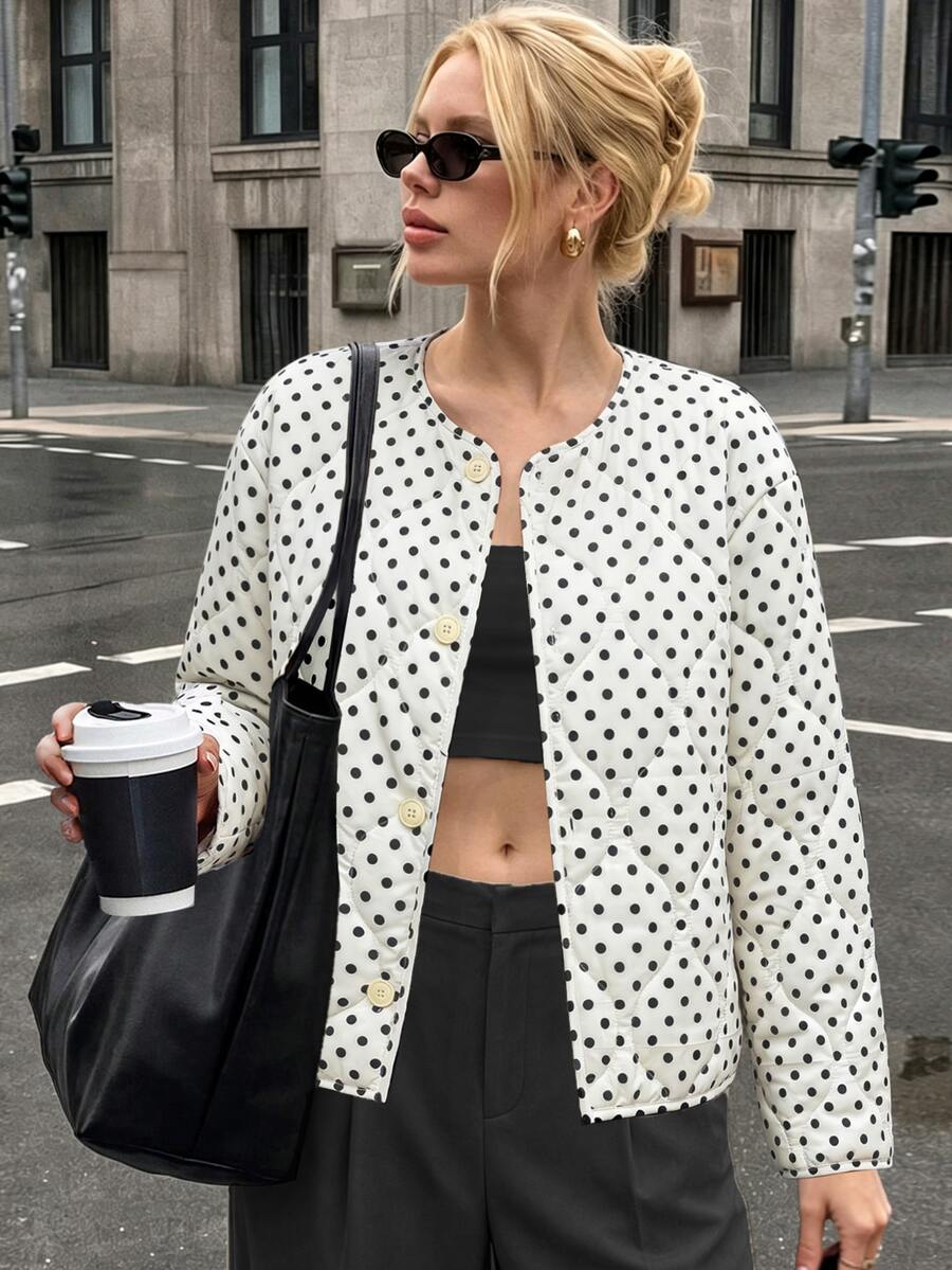 EMERY ROSE Women's Polka Dot Fabric Design Round Neck Loose Long Sleeve High-End Elegant Professional Outfit High-Aura Street Photography Atmosphere Outfit Christmas Teacher's Day Easter Autumn/Winter Season Clothing Autumn/Winter Cotton Jacket New Essential Fashion Item Niche Design Versatile Women's Casual Style Loose Long Sleeve Cotton Jacket - Black and White - View 1