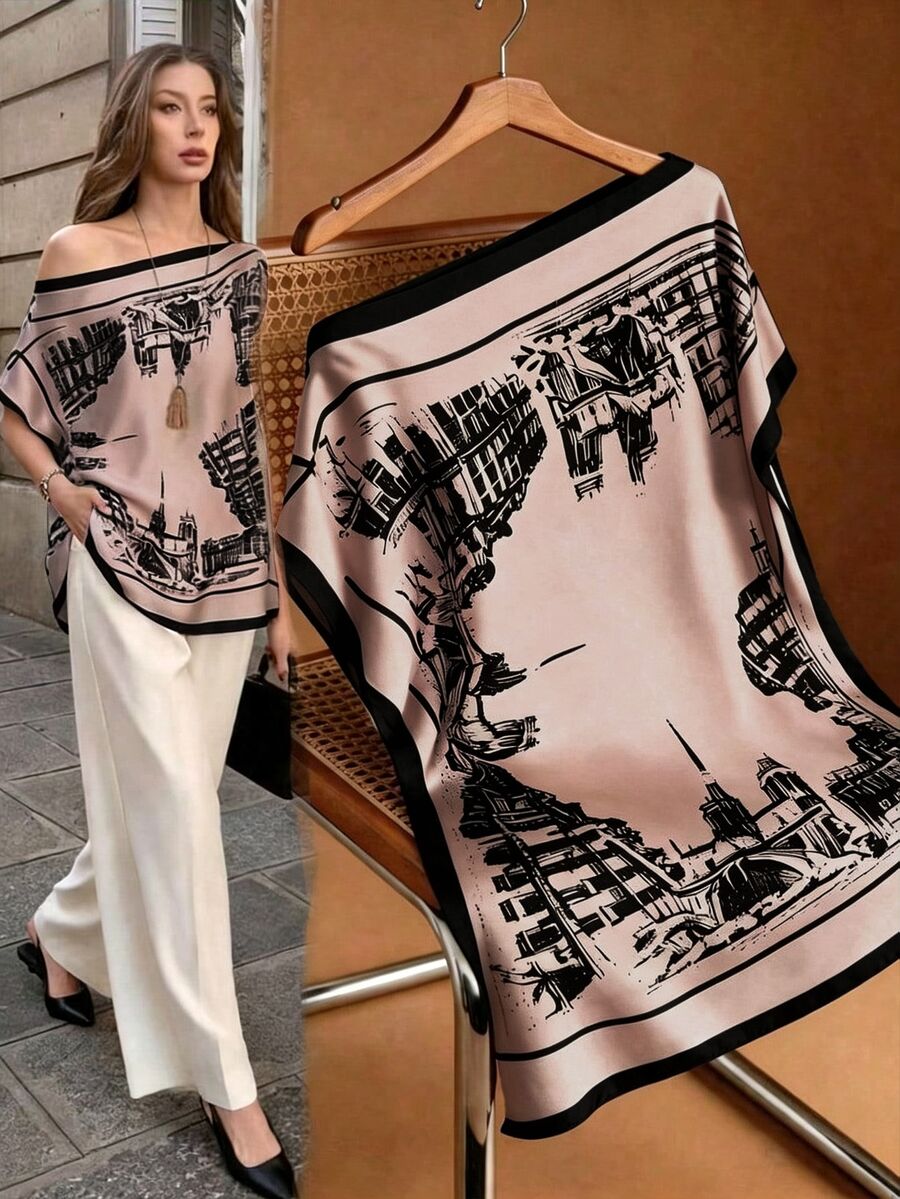 Selianne Spring/Summer New Elegant Casual Versatile Square Neck Batwing Sleeve Relaxed Soft Satin Sketch-Style Architectural Print Blouse For Women, Low-Key Luxury, Suitable For Commuting, Dating, And Light Social Occasions - Brown - View 1