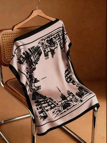 Selianne Spring/Summer New Elegant Casual Versatile Square Neck Batwing Sleeve Relaxed Soft Satin Sketch-Style Architectural Print Blouse For Women, Low-Key Luxury, Suitable For Commuting, Dating, And Light Social Occasions - Brown - View 2