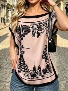 Selianne Spring/Summer New Elegant Casual Versatile Square Neck Batwing Sleeve Relaxed Soft Satin Sketch-Style Architectural Print Blouse For Women, Low-Key Luxury, Suitable For Commuting, Dating, And Light Social Occasions - Brown - View 3