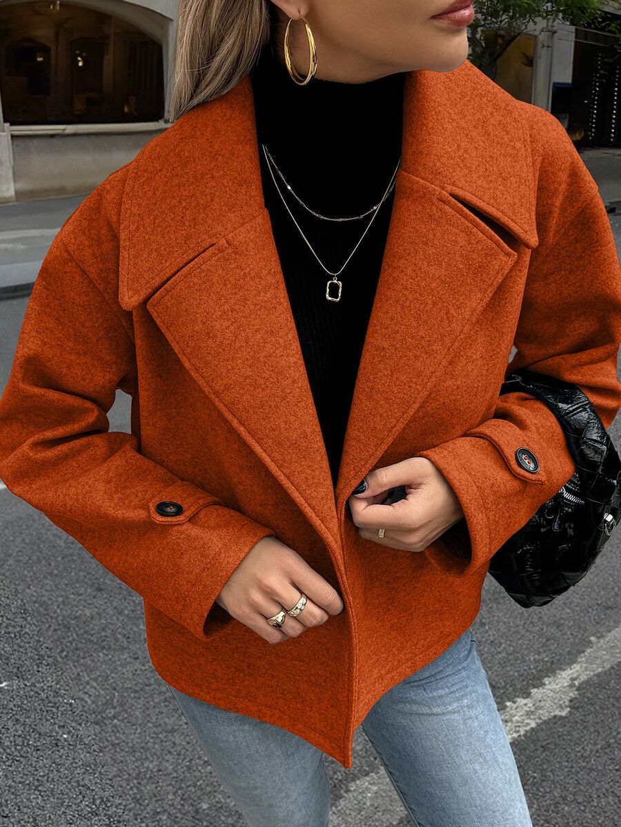 Struktiv Women's Large Lapel Decorative Button Long Sleeve Wool - Burnt Orange - View 1