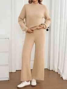 Sprig & Strand Solid High Neck Drop Shoulder Oversize Sweater & Wide Leg Knit Pants Set - Khaki - View 3
