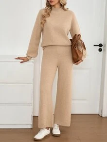 Sprig & Strand Solid High Neck Drop Shoulder Oversize Sweater & Wide Leg Knit Pants Set - Khaki - View 1