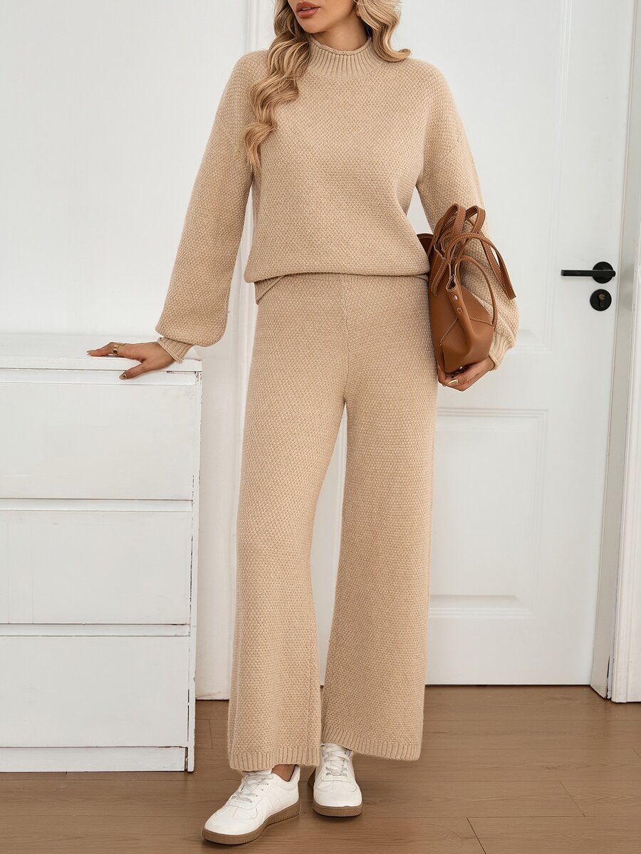 Sprig & Strand Solid High Neck Drop Shoulder Oversize Sweater & Wide Leg Knit Pants Set - Khaki - View 1
