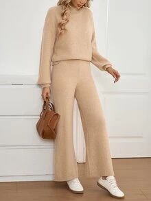 Sprig & Strand Solid High Neck Drop Shoulder Oversize Sweater & Wide Leg Knit Pants Set - Khaki - View 4
