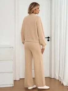 Sprig & Strand Solid High Neck Drop Shoulder Oversize Sweater & Wide Leg Knit Pants Set - Khaki - View 2