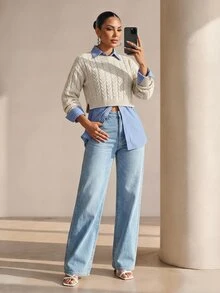 Structelle Sweater Rajut Kabel Kasual Lengan Panjang Wanita untuk Musim Gugur/Dingin - Aprikot - View 3