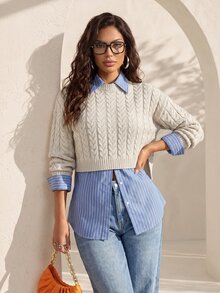 Structelle Sweater Rajut Kabel Kasual Lengan Panjang Wanita untuk Musim Gugur/Dingin - Aprikot - View 1