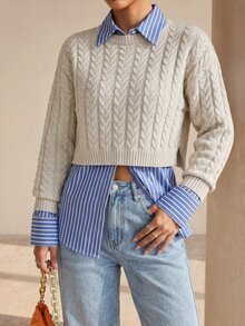 Structelle Sweater Rajut Kabel Kasual Lengan Panjang Wanita untuk Musim Gugur/Dingin - Aprikot - View 4