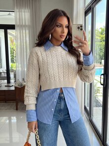 Structelle Sweater Rajut Kabel Kasual Lengan Panjang Wanita untuk Musim Gugur/Dingin - Aprikot - View 7