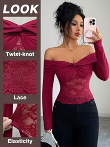 SHEIN Elenzya Kaos Kencan Lengan Pendek/Panjang Warna Merah Anggur dengan Desain Silang di Bahu, Simpul Terpilin, Lipatan, dan Patchwork Renda Mawar, Cocok untuk Kencan. - Burgundy - View 5