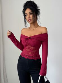 SHEIN Elenzya Kaos Kencan Lengan Pendek/Panjang Warna Merah Anggur dengan Desain Silang di Bahu, Simpul Terpilin, Lipatan, dan Patchwork Renda Mawar, Cocok untuk Kencan. - Burgundy - View 3