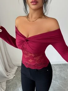 SHEIN Elenzya Kaos Kencan Lengan Pendek/Panjang Warna Merah Anggur dengan Desain Silang di Bahu, Simpul Terpilin, Lipatan, dan Patchwork Renda Mawar, Cocok untuk Kencan. - Burgundy - View 4