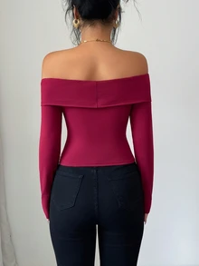 SHEIN Elenzya Kaos Kencan Lengan Pendek/Panjang Warna Merah Anggur dengan Desain Silang di Bahu, Simpul Terpilin, Lipatan, dan Patchwork Renda Mawar, Cocok untuk Kencan. - Burgundy - View 2