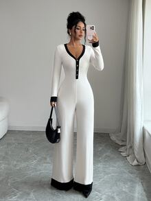 SHEIN Elenzya Jumpsuit Wanita Motif Blok Warna untuk Pakaian Sehari-hari - Aprikot - View 7