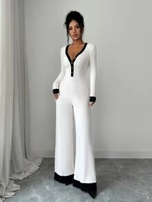 SHEIN Elenzya Jumpsuit Wanita Motif Blok Warna untuk Pakaian Sehari-hari - Aprikot - View 6