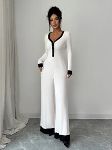 SHEIN Elenzya Jumpsuit Wanita Motif Blok Warna untuk Pakaian Sehari-hari - Aprikot - View 4