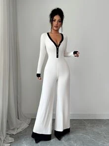 SHEIN Elenzya Jumpsuit Wanita Motif Blok Warna untuk Pakaian Sehari-hari - Aprikot - View 1