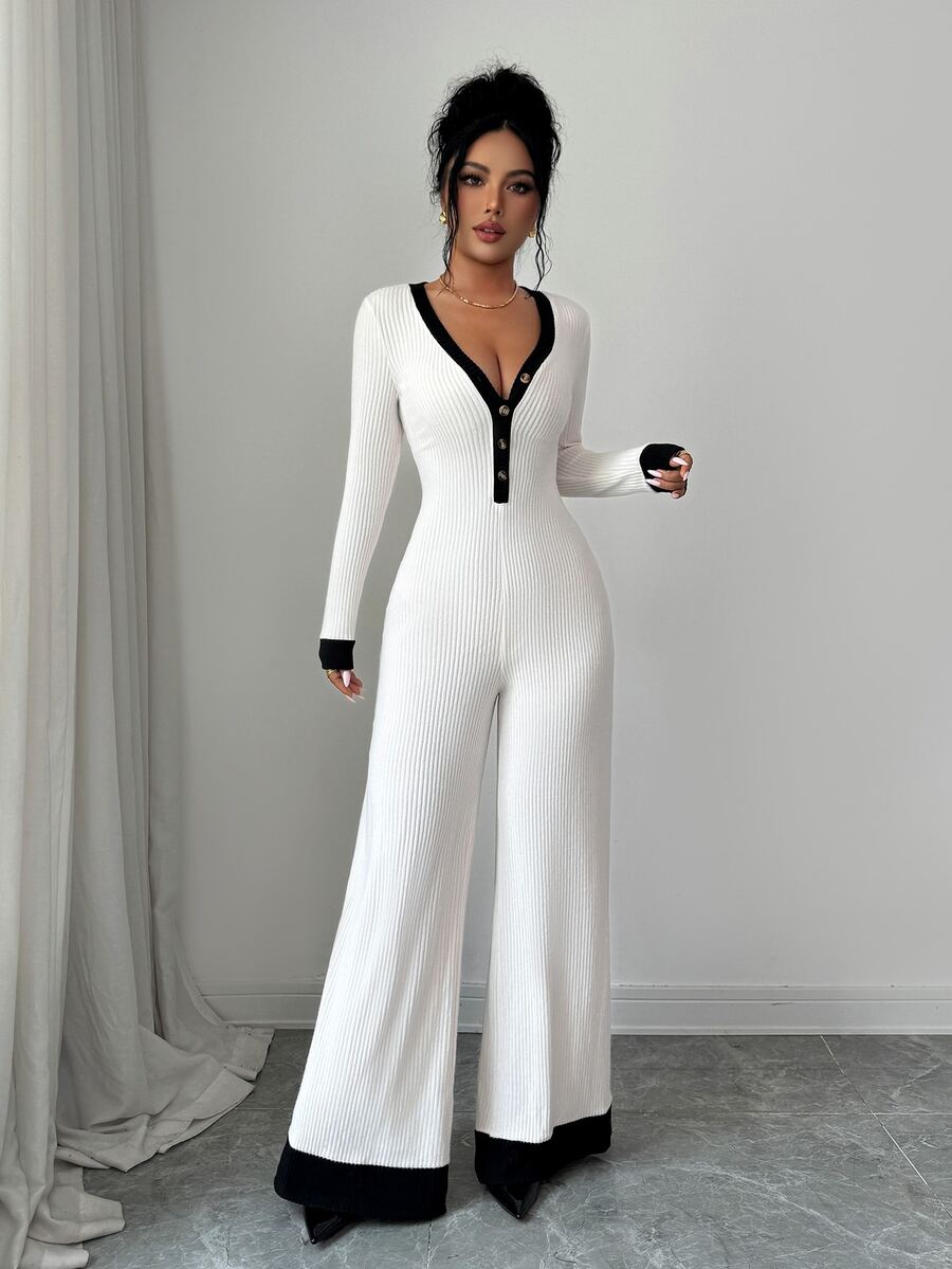 SHEIN Elenzya Jumpsuit Wanita Motif Blok Warna untuk Pakaian Sehari-hari - Aprikot - View 1