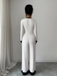 SHEIN Elenzya Jumpsuit Wanita Motif Blok Warna untuk Pakaian Sehari-hari - Aprikot - View 2