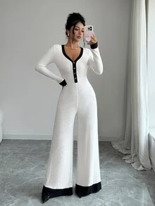 SHEIN Elenzya Jumpsuit Wanita Motif Blok Warna untuk Pakaian Sehari-hari - Aprikot - View 5