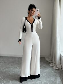 SHEIN Elenzya Jumpsuit Wanita Motif Blok Warna untuk Pakaian Sehari-hari - Aprikot - View 3