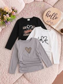 SHEIN Kids Young Girl 3pcs Knit Heart Pattern Long Sleeve Cropped Top, Women's Fitted Side Ruched Cropped T-Shirt, Multi-Color Set Casual Innerwear - Multicolor - View 3