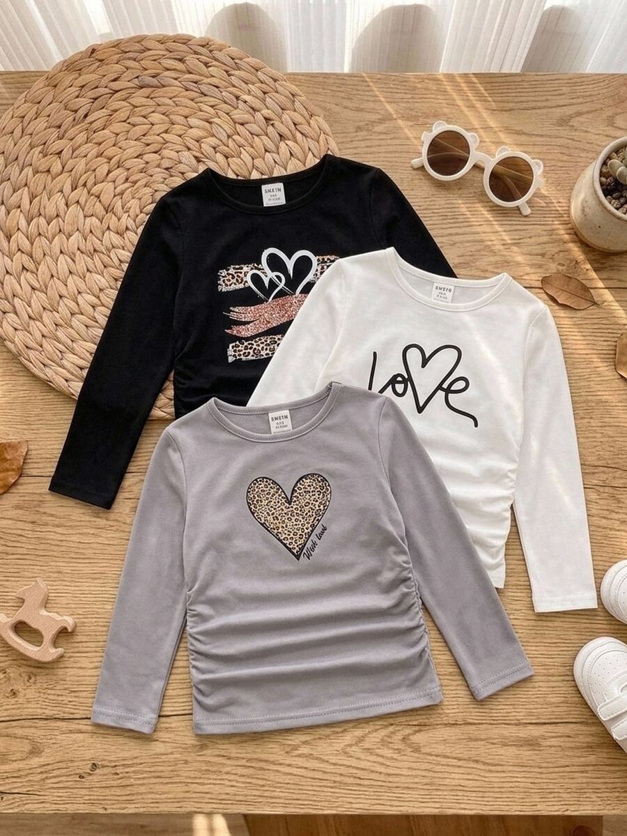 SHEIN Kids Young Girl 3pcs Knit Heart Pattern Long Sleeve Cropped Top, Women's Fitted Side Ruched Cropped T-Shirt, Multi-Color Set Casual Innerwear - Multicolor - View 1