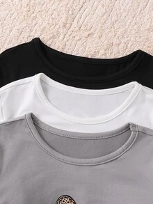 SHEIN Kids Young Girl 3pcs Knit Heart Pattern Long Sleeve Cropped Top, Women's Fitted Side Ruched Cropped T-Shirt, Multi-Color Set Casual Innerwear - Multicolor - View 7