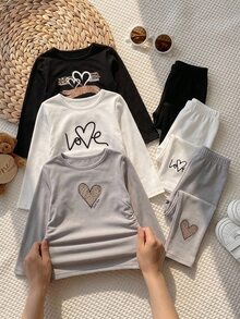SHEIN Kids Young Girl 3pcs Knit Heart Pattern Long Sleeve Cropped Top, Women's Fitted Side Ruched Cropped T-Shirt, Multi-Color Set Casual Innerwear - Multicolor - View 2