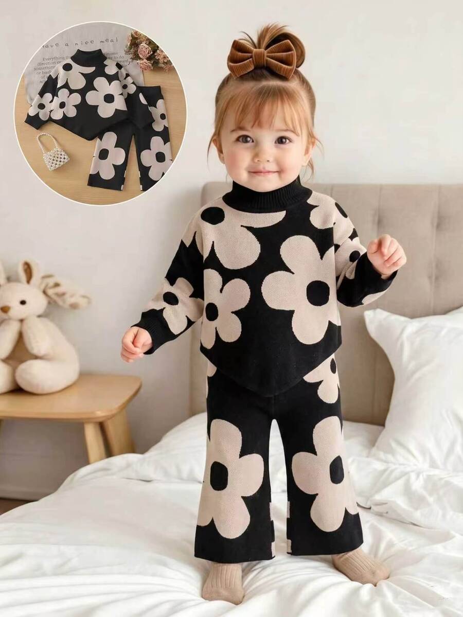 SHEIN Baby Girl Floral Pattern Turtleneck Hanky Hem Sweater & Knit Pants Set - Black - View 1