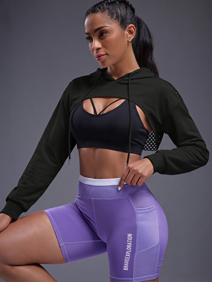 Powerista Drop Shoulder Drawstring Hollow Out Super Crop Sports Sweatshirt Without Cami Top Cropped Sweatshirt - Black - View 1