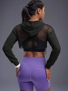 Powerista Drop Shoulder Drawstring Hollow Out Super Crop Sports Sweatshirt Without Cami Top Cropped Sweatshirt - Black - View 2