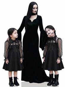 SHEIN Gaun Kasual Rajut Anak Perempuan Warna Polos dengan Hiasan Ruffle dan Kerah Tegak serta Lengan Mengembang - MultiWarna - View 2
