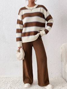 SHEIN Brown Striped Brown Patchwork Crew Neck Loose Pullover Sweater Lounge Autumn Minimalist Casual - Coffee Brown - View 2