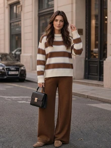 SHEIN Brown Striped Brown Patchwork Crew Neck Loose Pullover Sweater Lounge Autumn Minimalist Casual - Coffee Brown - View 5