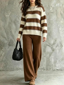 SHEIN Brown Striped Brown Patchwork Crew Neck Loose Pullover Sweater Lounge Autumn Minimalist Casual - Coffee Brown - View 9