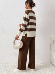 SHEIN Brown Striped Brown Patchwork Crew Neck Loose Pullover Sweater Lounge Autumn Minimalist Casual - Coffee Brown - View 3