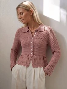 Sprig & Strand Women's Fashion Versatile Button Crochet Knit Thin Cardigan - Dusty Pink - View 6