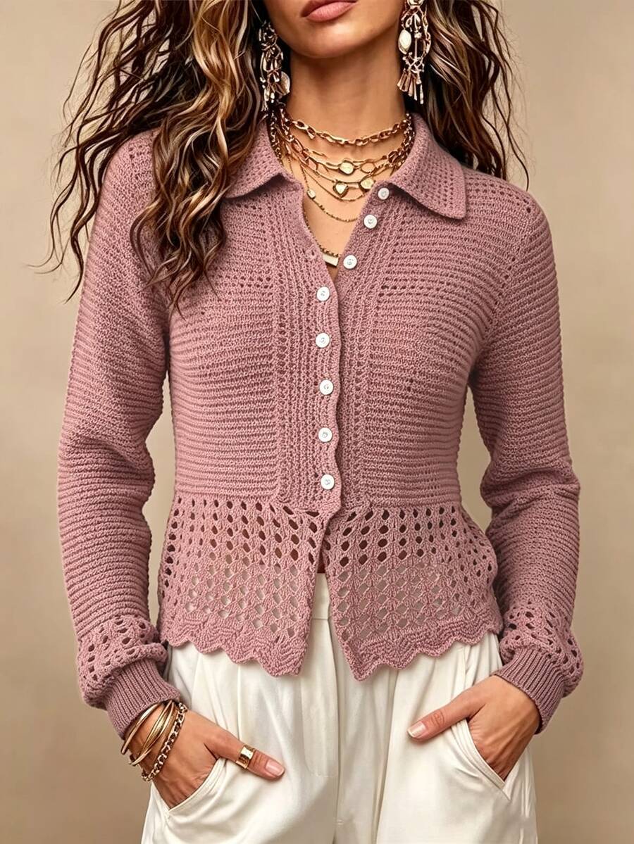 Sprig & Strand Women's Fashion Versatile Button Crochet Knit Thin Cardigan - Dusty Pink - View 1