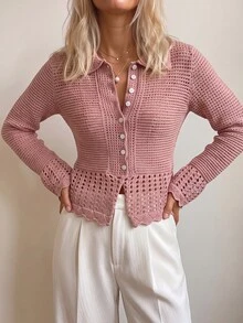Sprig & Strand Women's Fashion Versatile Button Crochet Knit Thin Cardigan - Dusty Pink - View 5