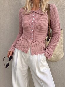 Sprig & Strand Women's Fashion Versatile Button Crochet Knit Thin Cardigan - Dusty Pink - View 3