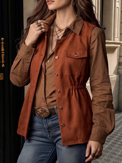 Vionelle Autumn/Winter Christmas Plus Size Coffee Color Cinched Waist Wool Vest For Women, Vintage Round Neck Multi-Pocket Commuter Outerwear Vest